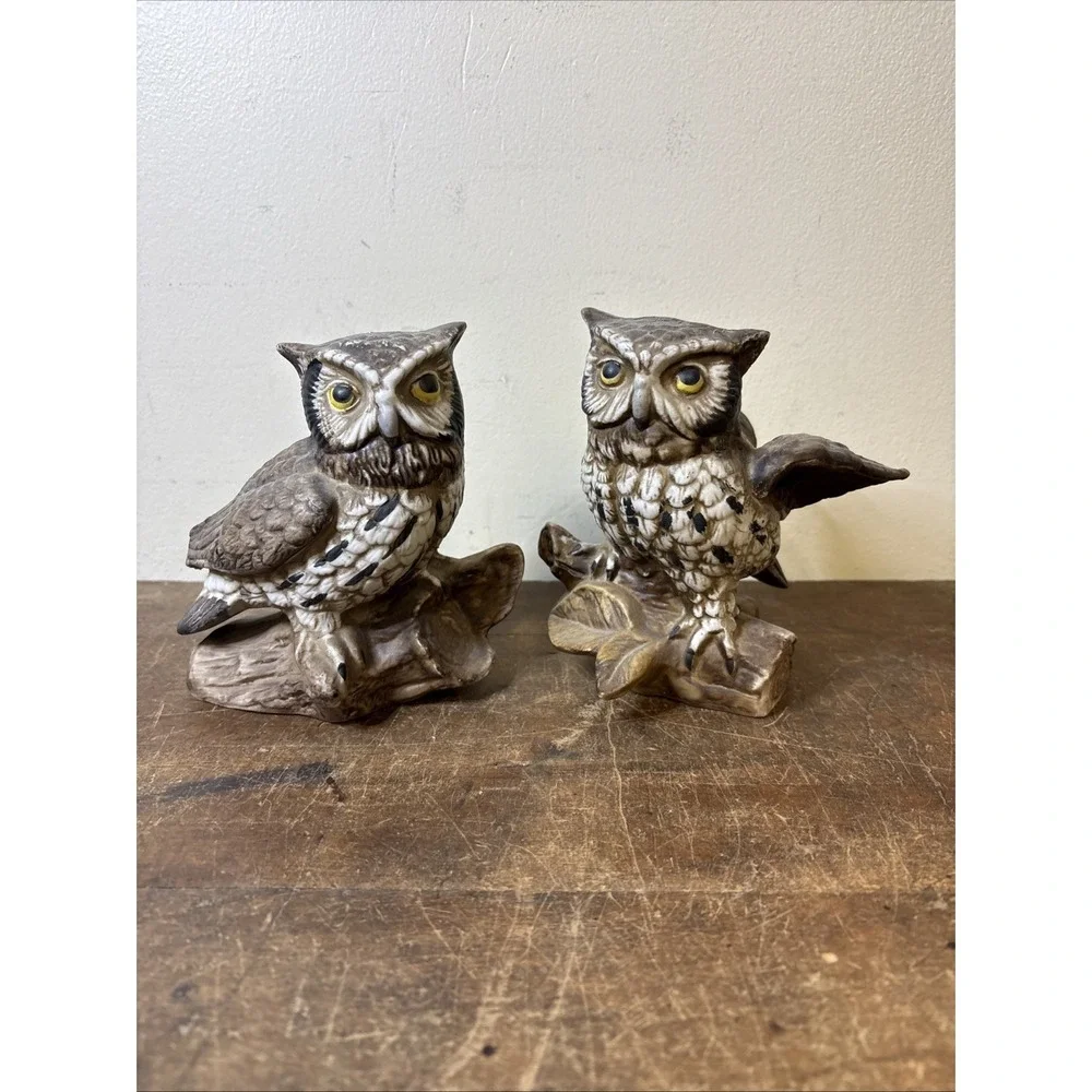 Pair of Vintage Owl Figurines Brown Ceramic Woodland Decor – Pre-Owned